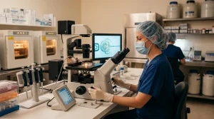 Kryoembryotransfer (KET): Úspěšnost, průběh, příprava a co dělat po transferu 6 Laboratoř reprodukční kliniky a embryologický mikroskop